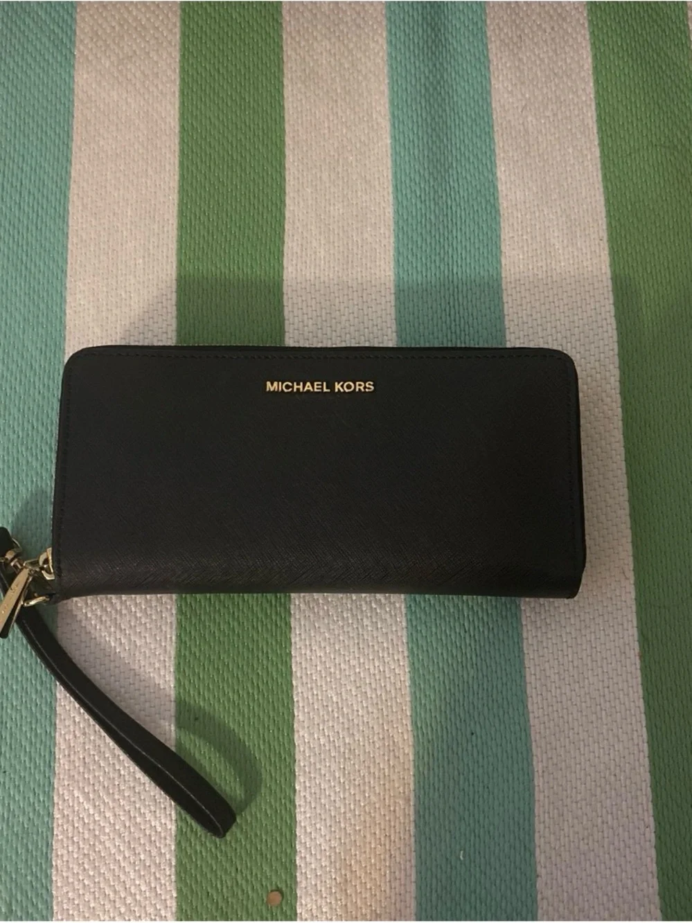 Michael Kors Black Zip-Around Saffiano Wristlet Wallet with Gold Hardware